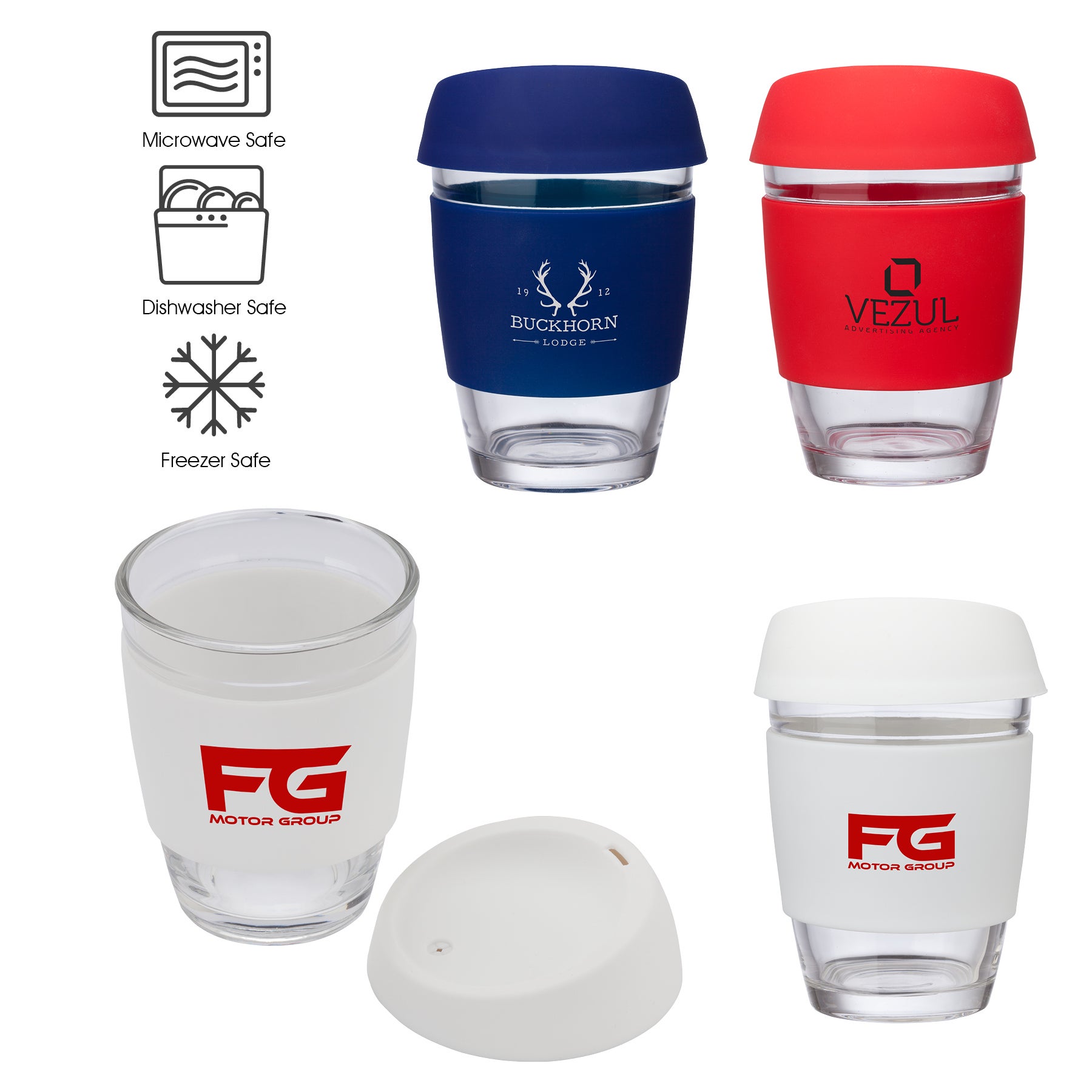 12 oz Perka® Glass Mug with Silicone Grip & Lid