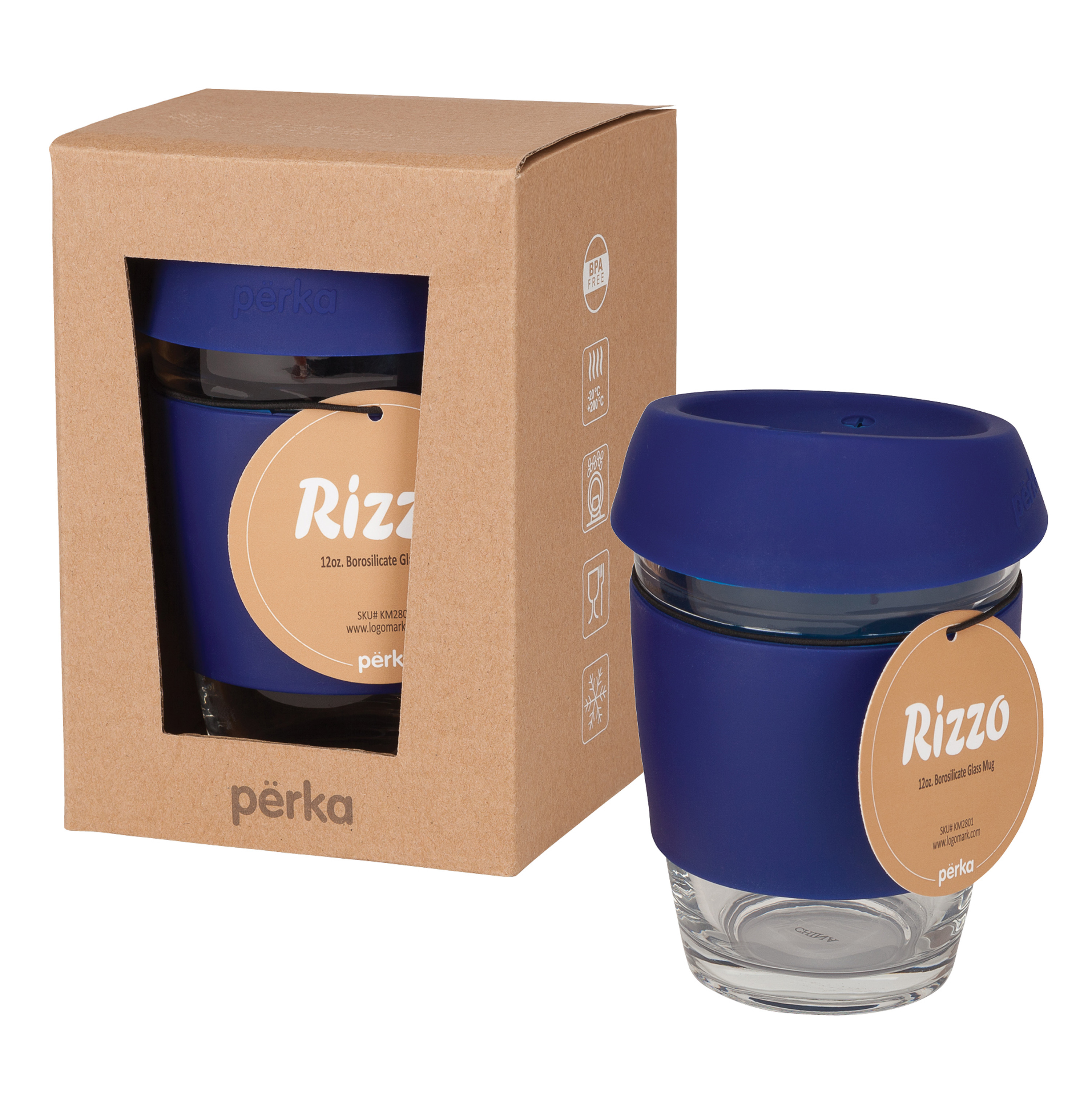 12 oz Perka® Glass Mug with Silicone Grip & Lid  - Retail Box