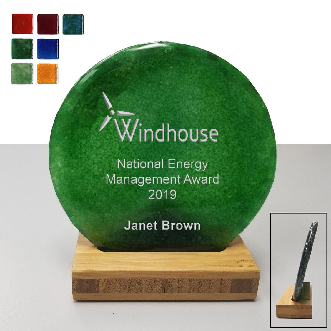 USA Made Round Recycled Glass Award on Bamboo Stand 6 inch tall