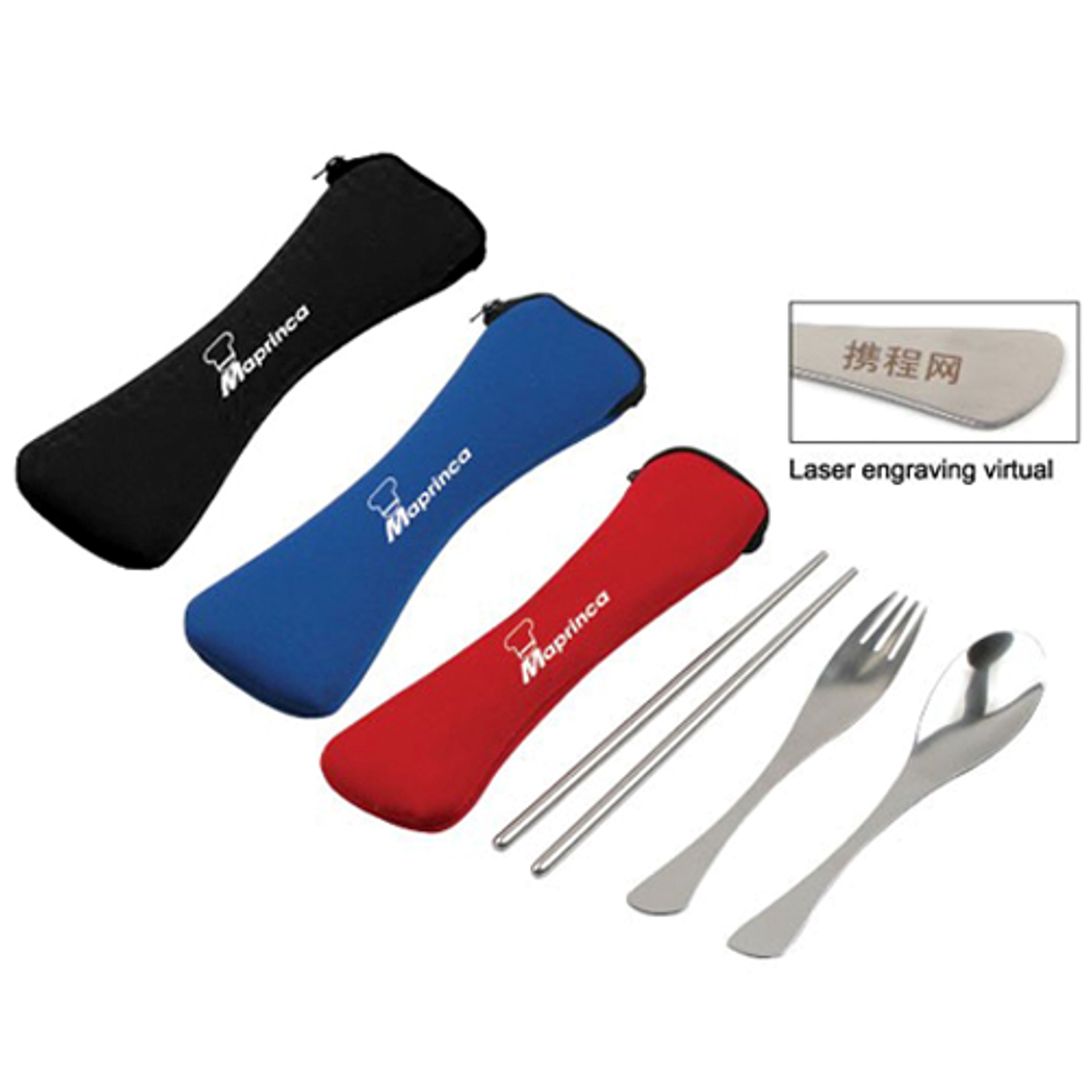 Stainless Steel Fork, Spoon, Chopsticks Set in Neoprene Pouch | Reusable