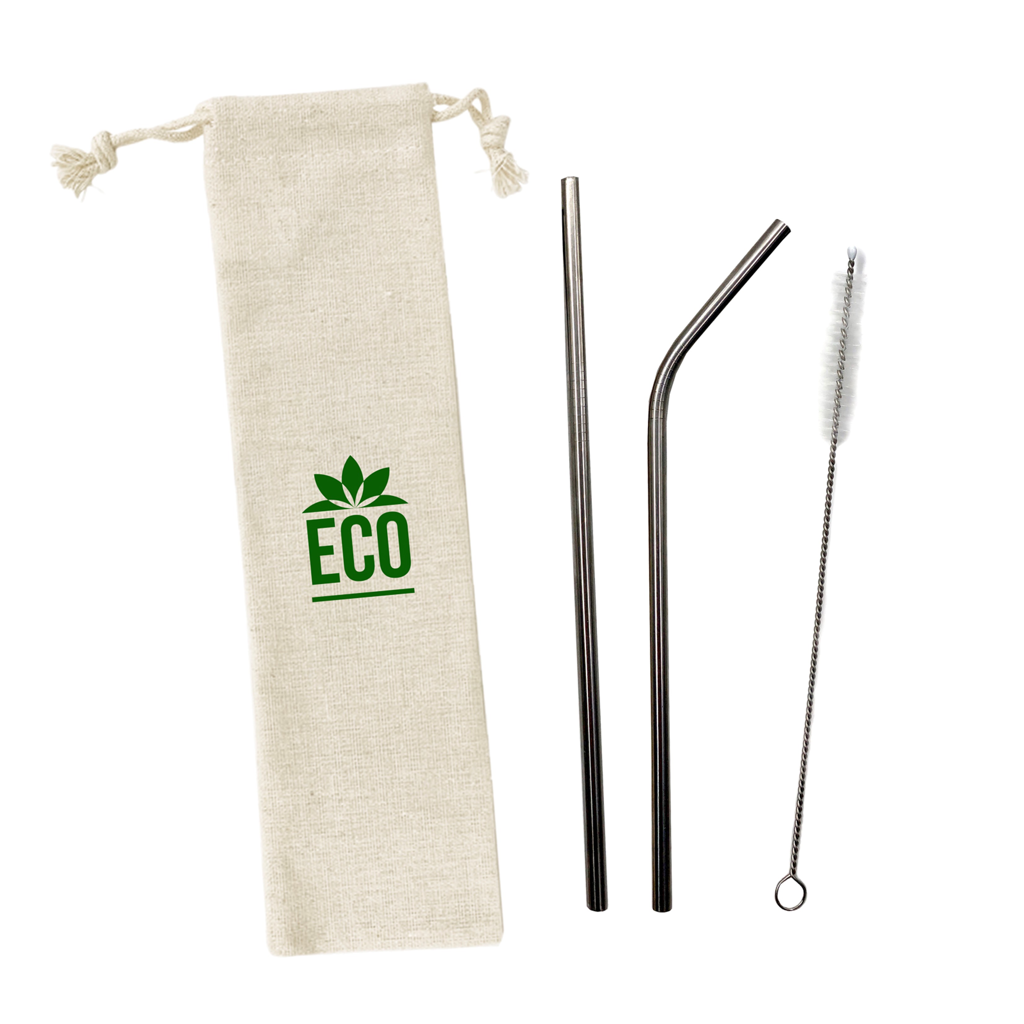 Stainless Steel Straw Set In Custom Pouch - 2 Straws & Cleaner