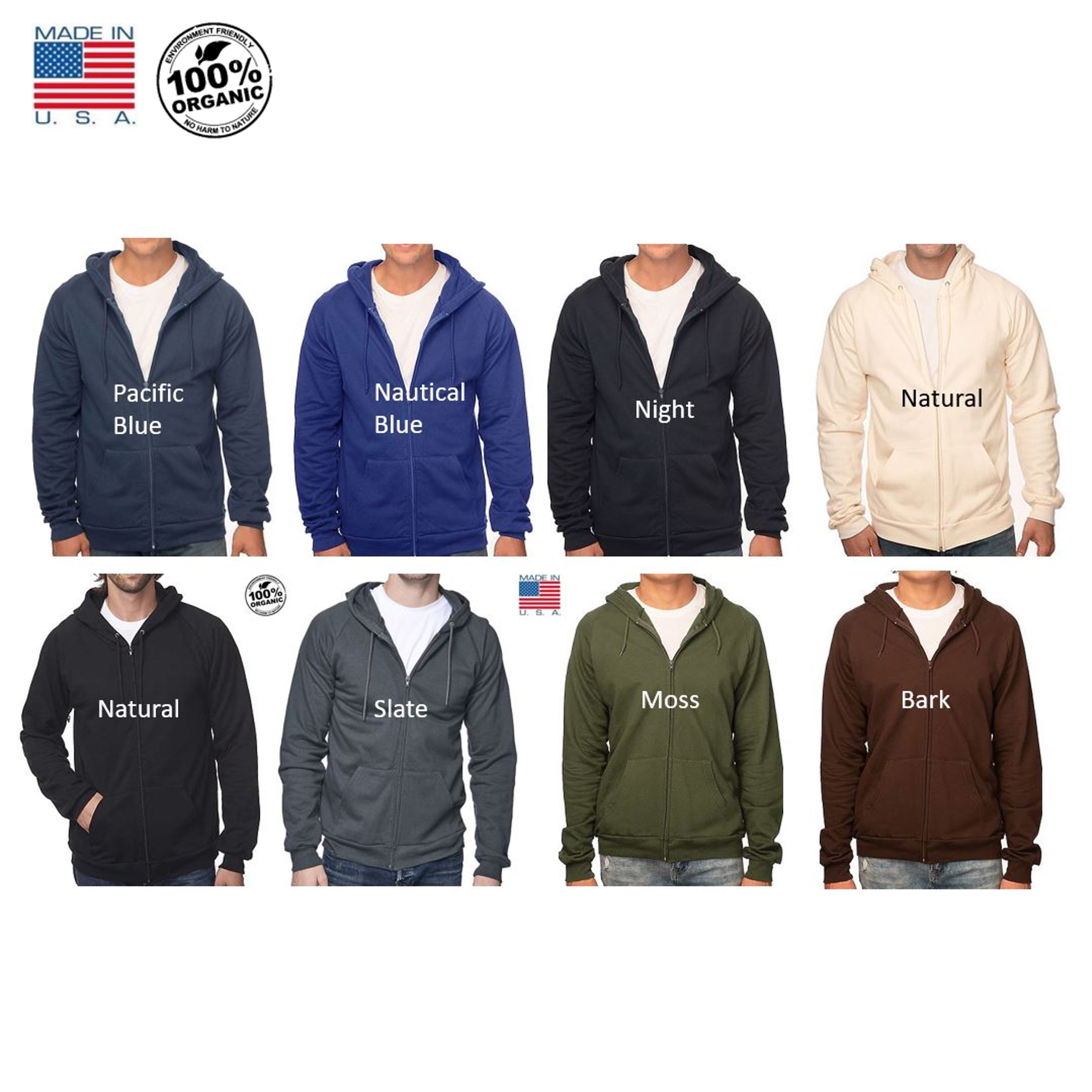 USA made organic cotton full zip hoodie colors imprinted