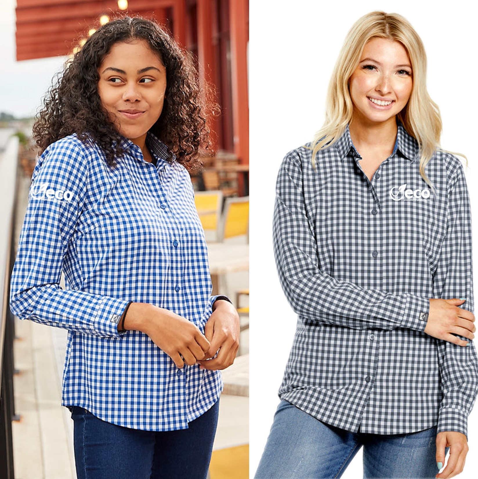 Women's Eco woven recycled stretch Gingham shirt embroidered