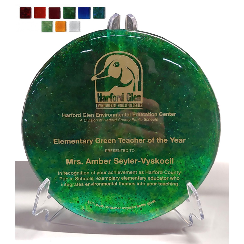 Custom USA Made 8" Round Recycled Glass Circle Award with Stand
