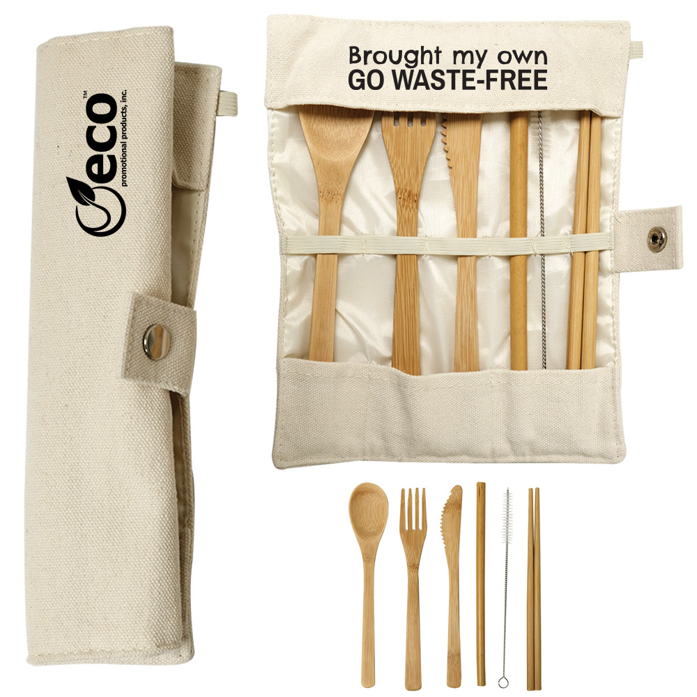 Bamboo Utensil Set with Chopsticks & Straw in Foldable Pouch