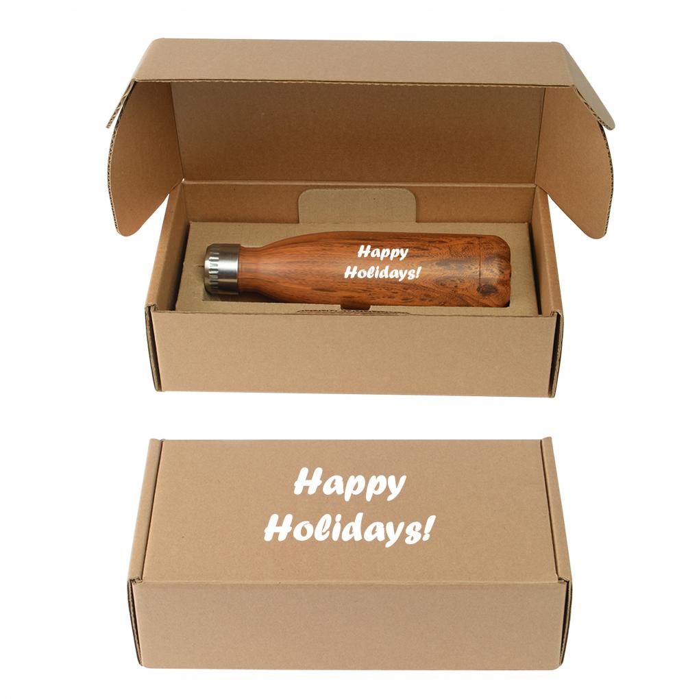 Holiday Woodgrain Stainless Steel Water Bottle in Custom Gift Box