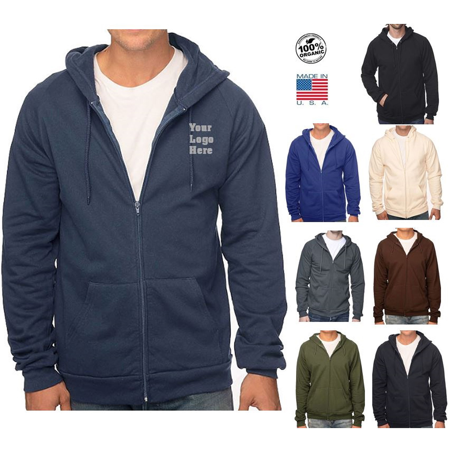 USA made organic cotton full zip hoodie custom imprint sustainable apparel