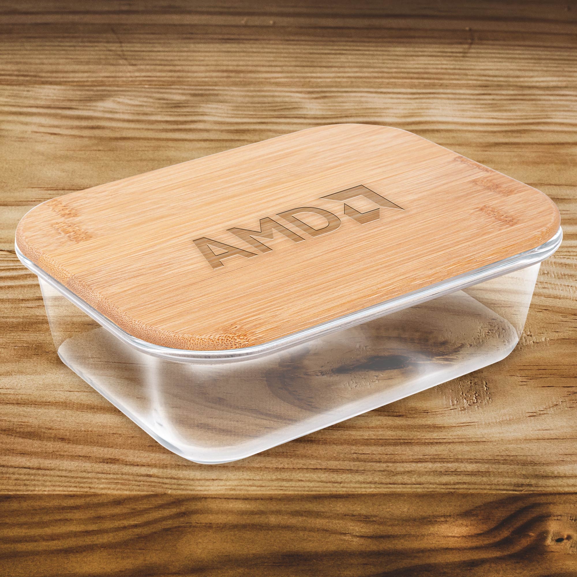 Custom Branded Glass Food Storage Container with Bamboo Lid 34 oz