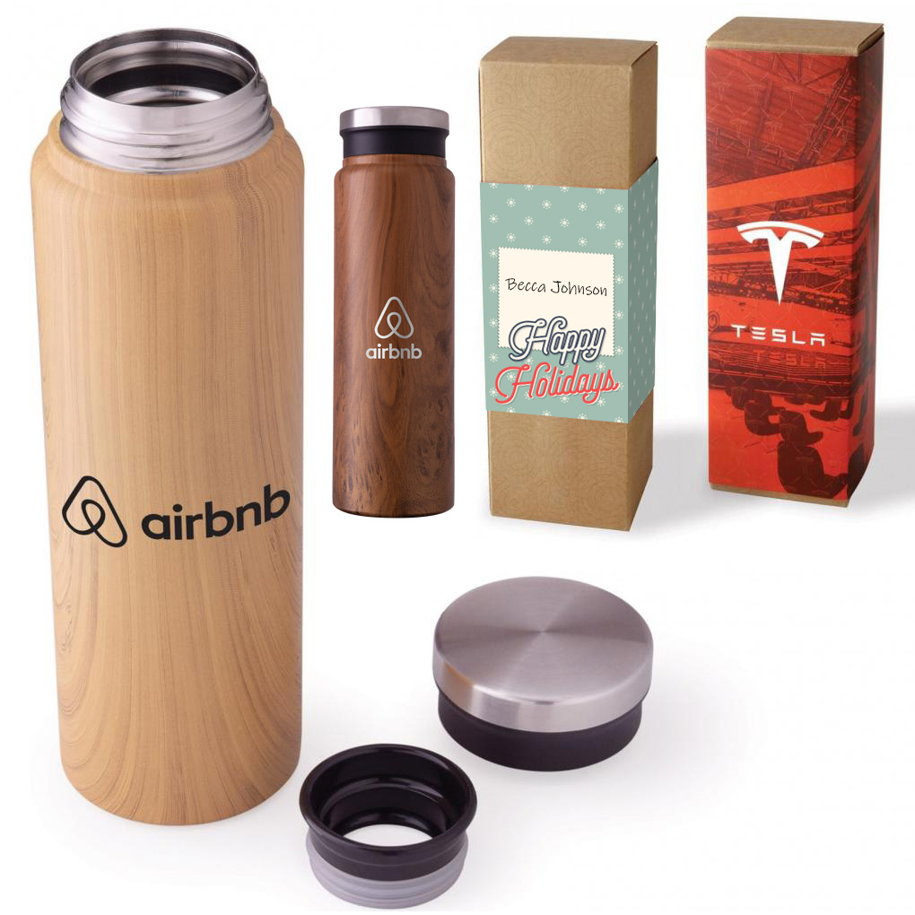 Stainless Steel Wood Grain Water Bottle with Fully Customized Recycled Packaging Holiday