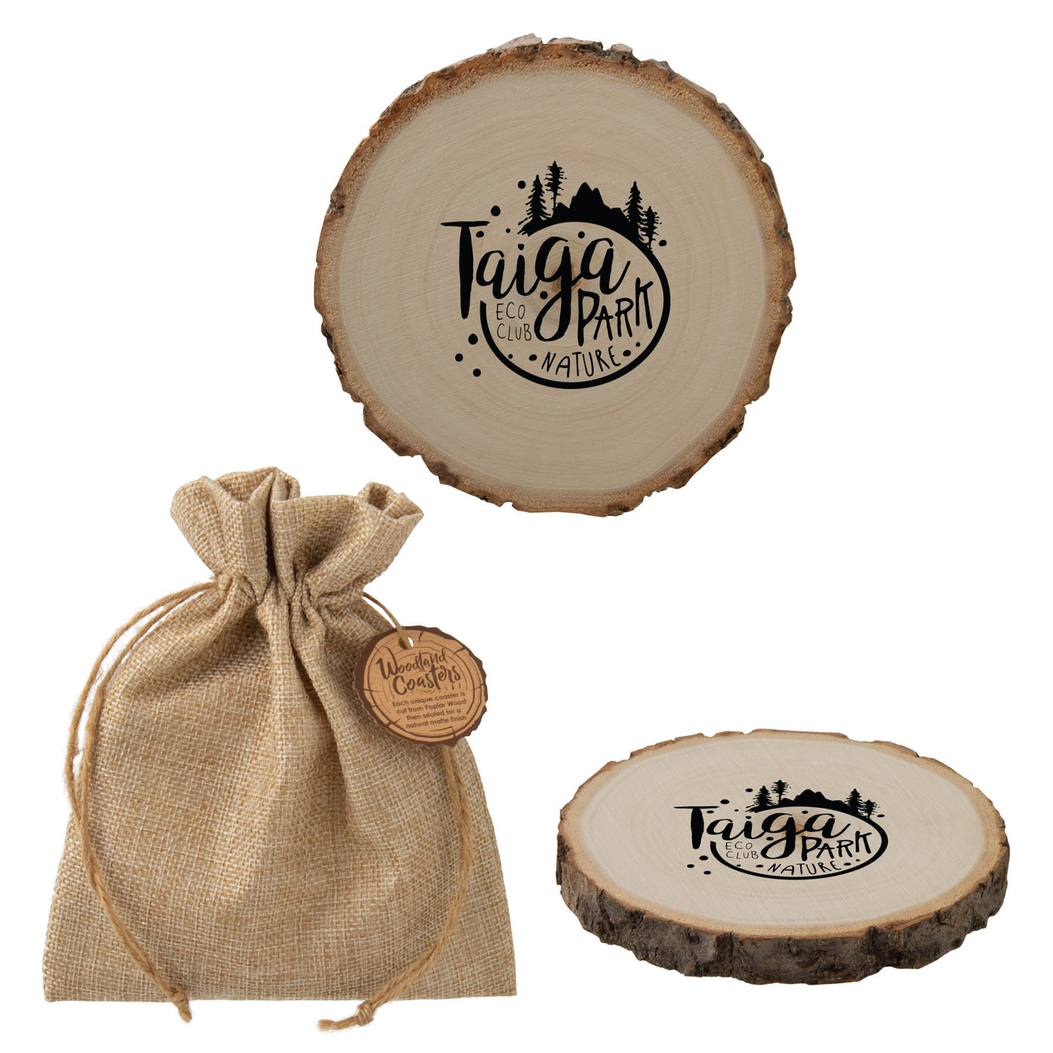 Custom Natural Wood Coaster in Jute Bag