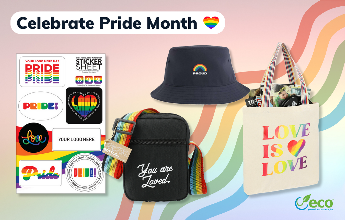 Pride Month Promotional Products sticker sheets, bucket hat, reusable bags