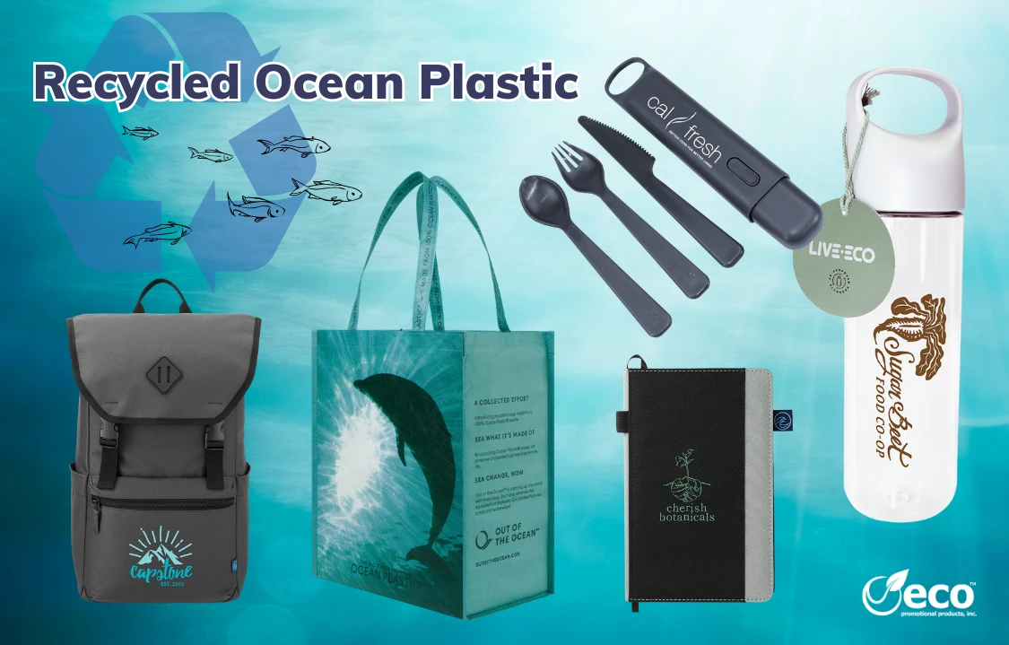backpack, bag, reusable utensil set, water bottle and notebook all made out of recycled ocean plastic