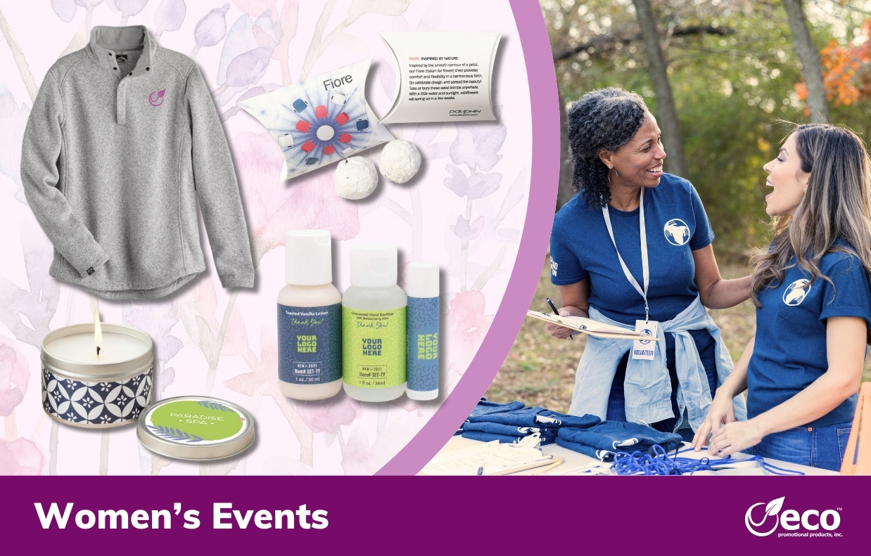 Top Promotional Products for Female-Focused Events - sweater, wellness kit, candles, and plantable seed bombs.