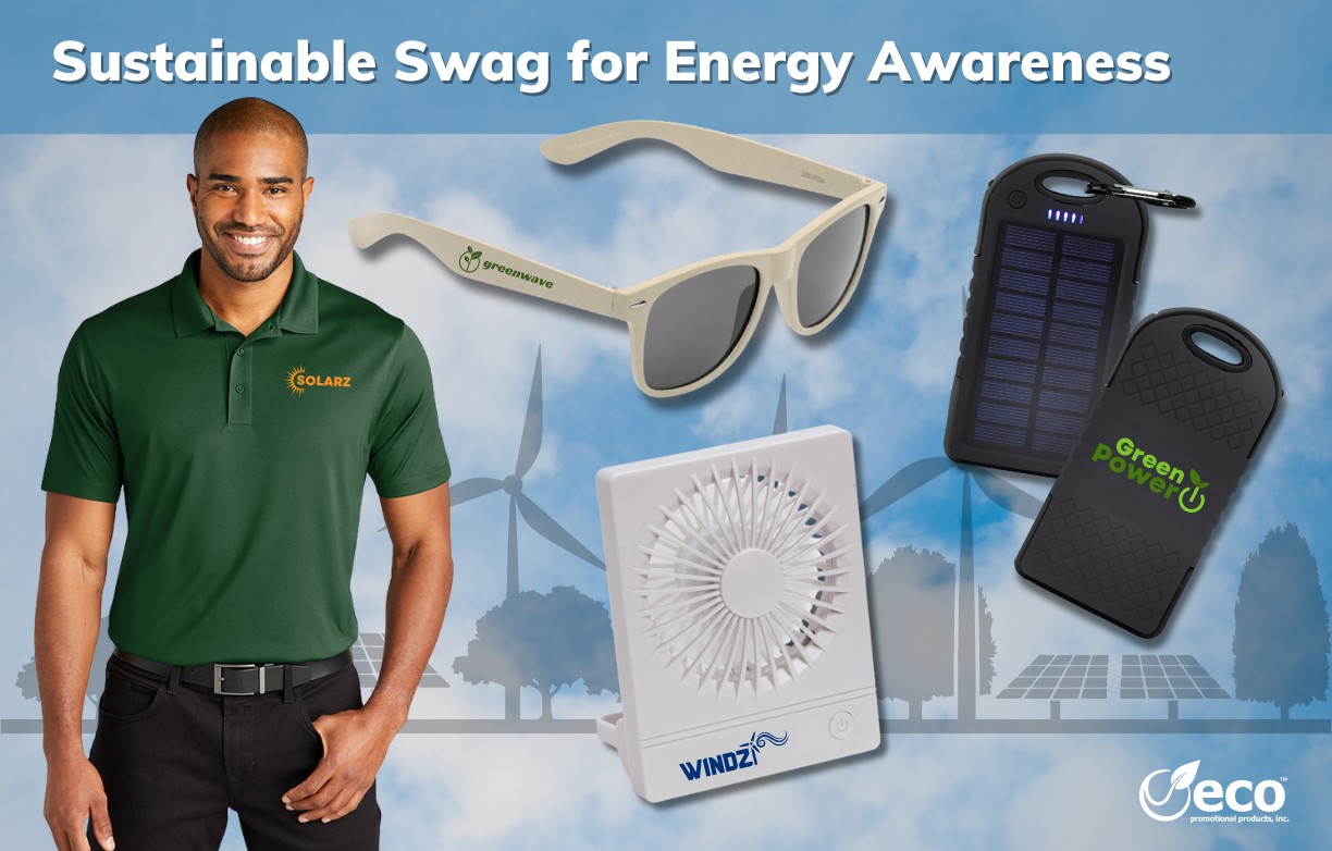 Energy awareness promotional products - carbon free polos, sunglasses, rechargeable travel fans, and portable chargers
