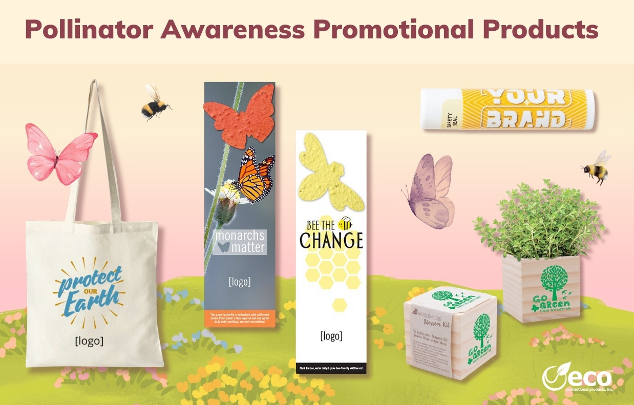 Promo items for pollinator awareness - organic cotton tote bag, seeded bookmarks, beeswax lip balm, and planter kit.