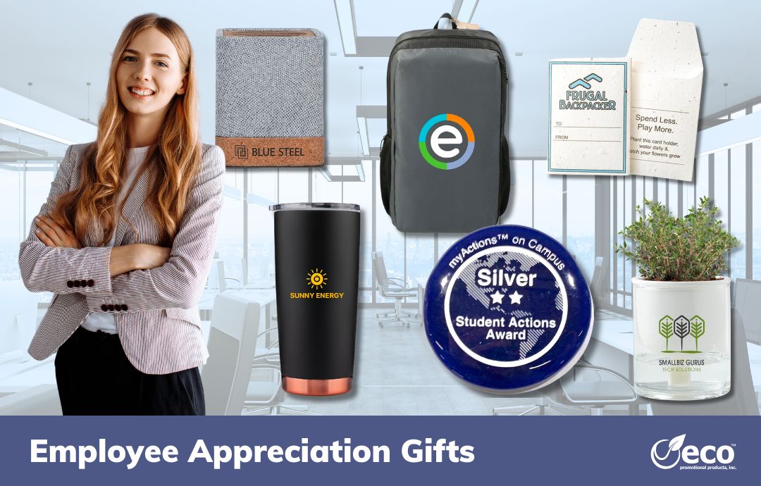 Employee appreciation gifts from Eco Promotional Products - speaker, tumbler, backpack, coaster award, seeded envelopes, planter kit