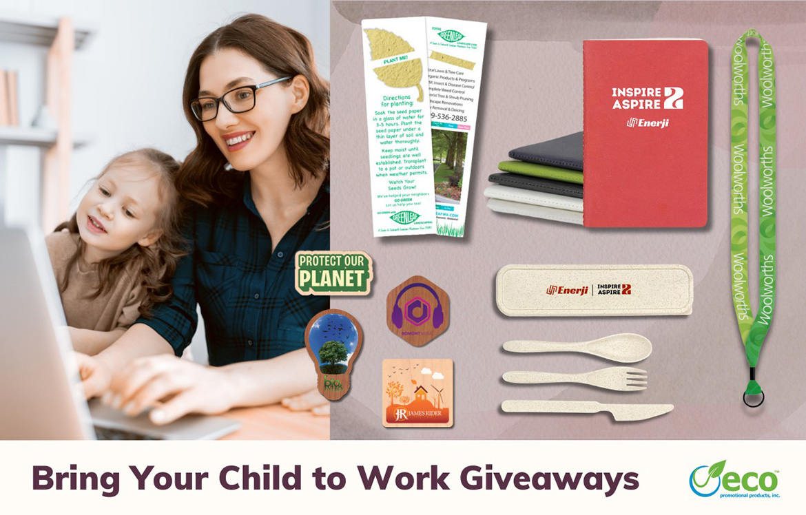 Giveaways for Bring Your Child To Work Day - apple peel journals, seeded bookmarks, lanyards, waste free reusable utensil sets, wooden decal stickers