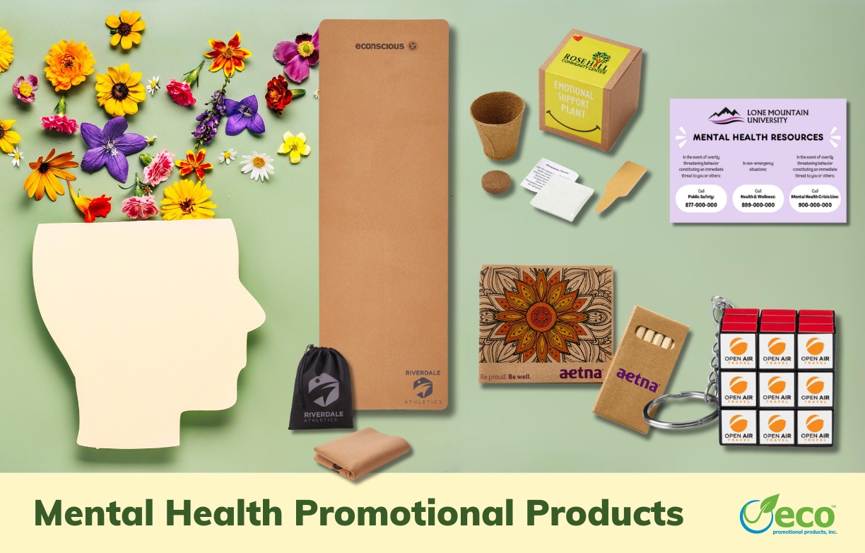 Mental health promotional products - yoga mat, planter kit, resource magnet, rubik cube, and coloring book set