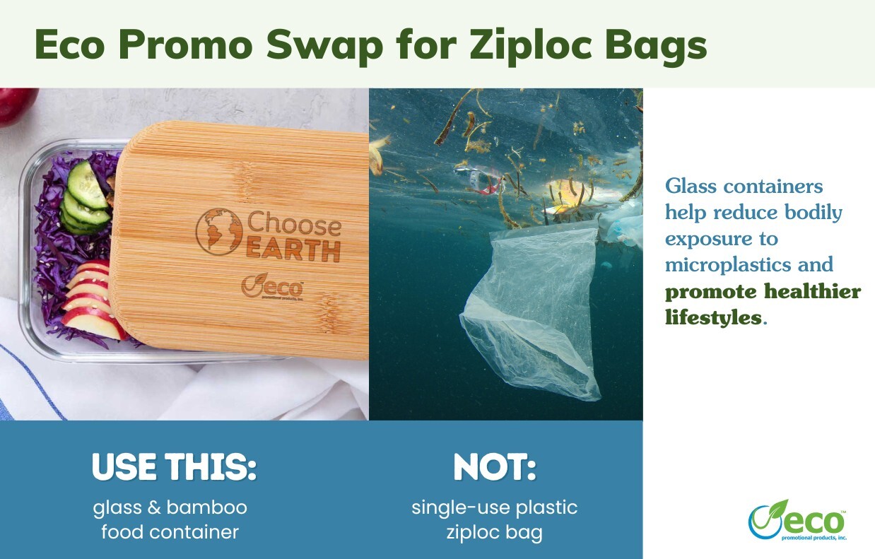 Eco Promo Swap for Ziploc Bags - photo of reusable glass food storage container with bamboo lid vs single use ziploc bag in the ocean