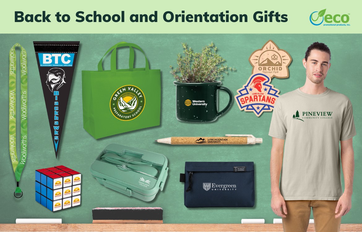 Promotional products for schools - pennants, lanyards, laundry tote, planter kit, cork pen, recycled pouch, stickers, 100% cotton t-shirt, wheat straw bento boxes, rubik's cube