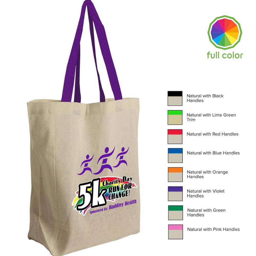Colored Handle Cotton Grocery Tote Full Color Custom Imprint
