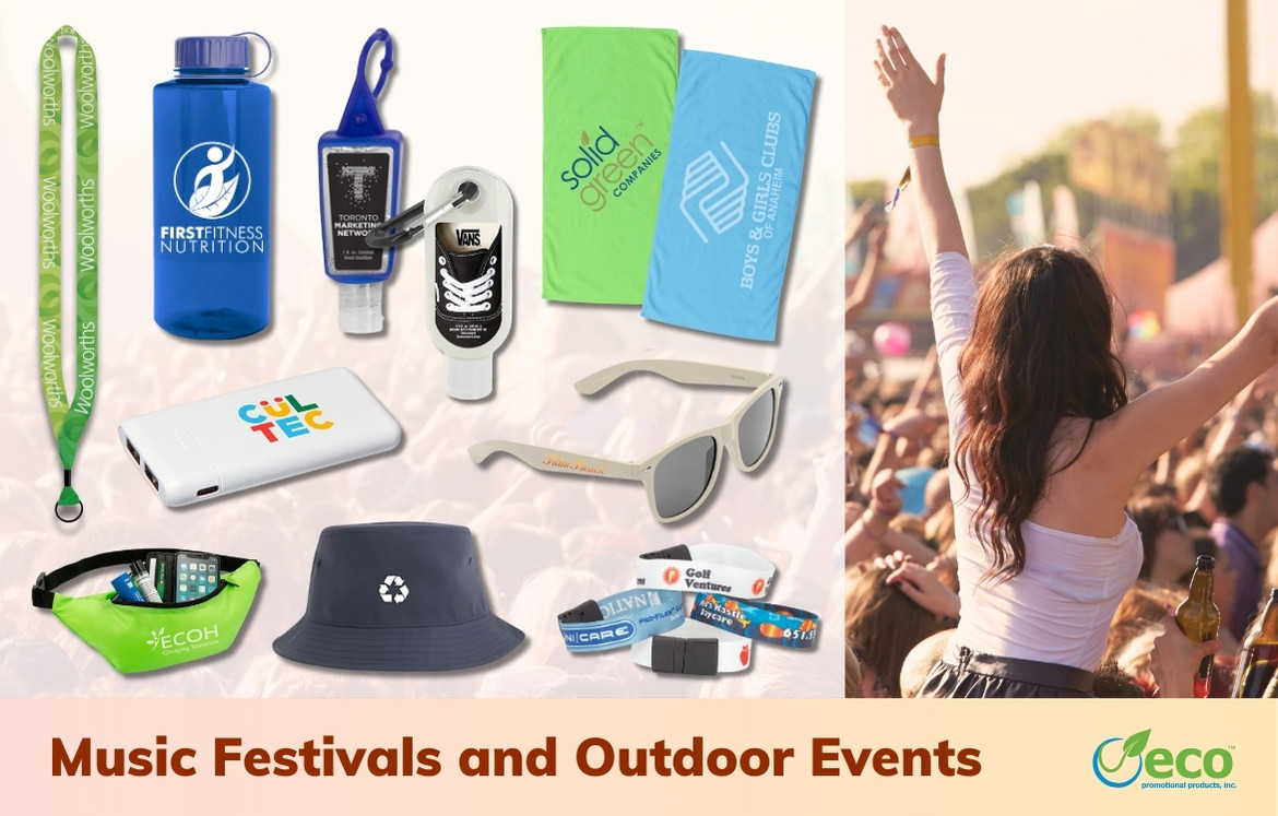 Promotional products for outdoor events - lanyard, water bottle, portable charger, hand sanitizer, sunscreen, bucket hat, fanny pack, towel, sunglasses, wristband