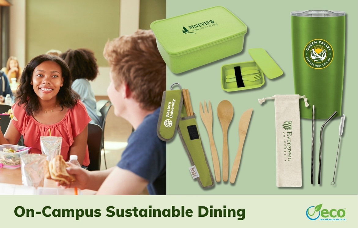 Promotional products for on campus sustainable dining - reusable bento box, travel tumbler, utensil set, and straw with cleaner set
