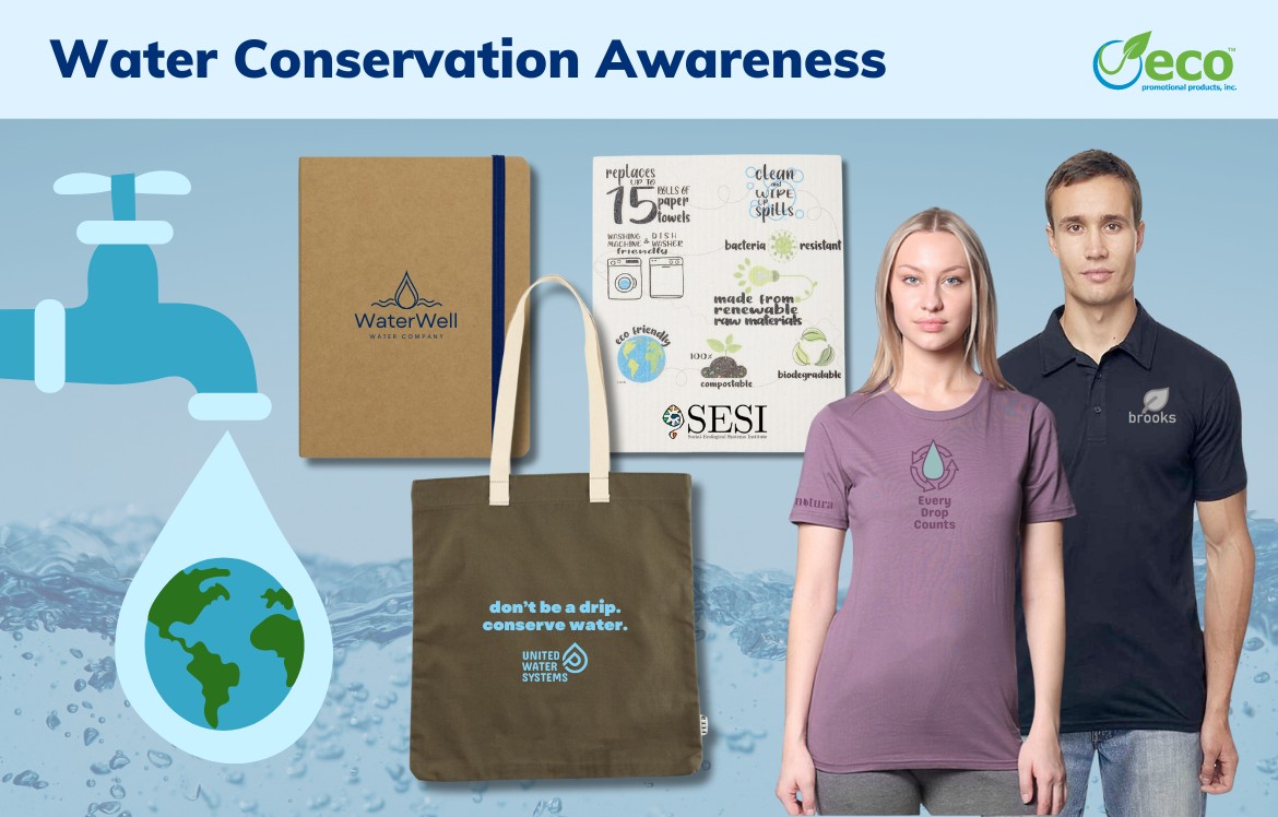 Water conservation awareness produts - notebook, tote bag, reusable dishcloth, tshirt, polo