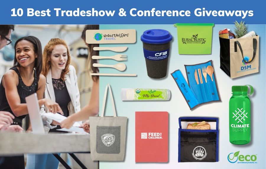 Promotional products for tradeshow and conference - utensil set, cotton tote, apple peel journal, reusable snack bags, bamboo utensil set, reusable coffee tumbler, reusable water bottle, recycled tote, lip balm, silicone storage bag