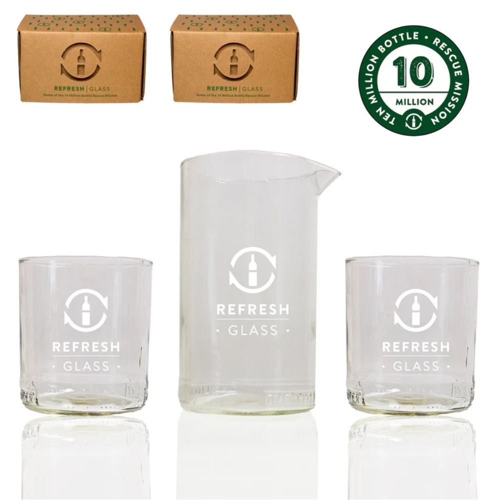 USA Made Recycled Glass Cocktail Mixer & Drinking Glass Set