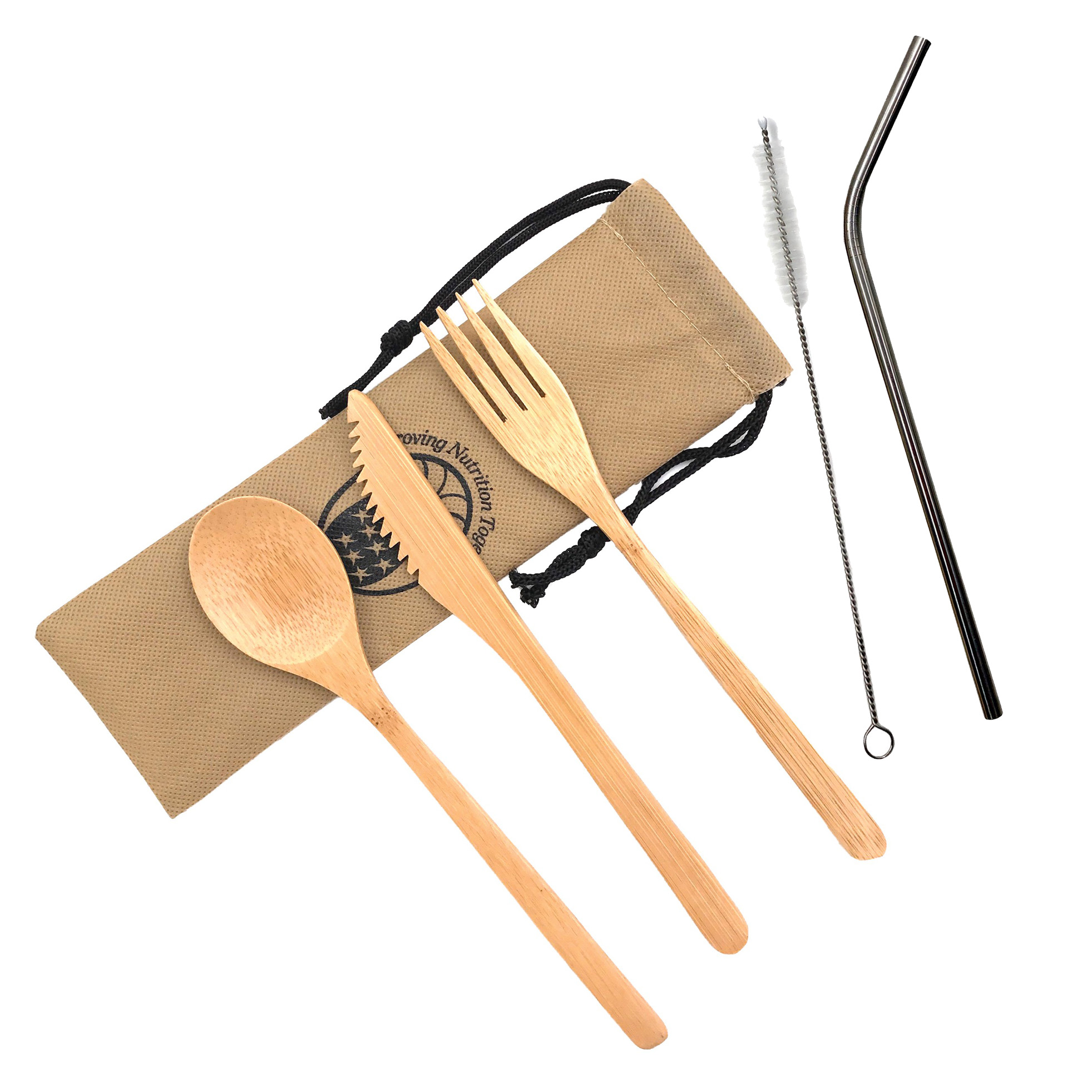 Bamboo Utensils | Bent Stainless Straw | Cleaning Brush | Custom Pouch