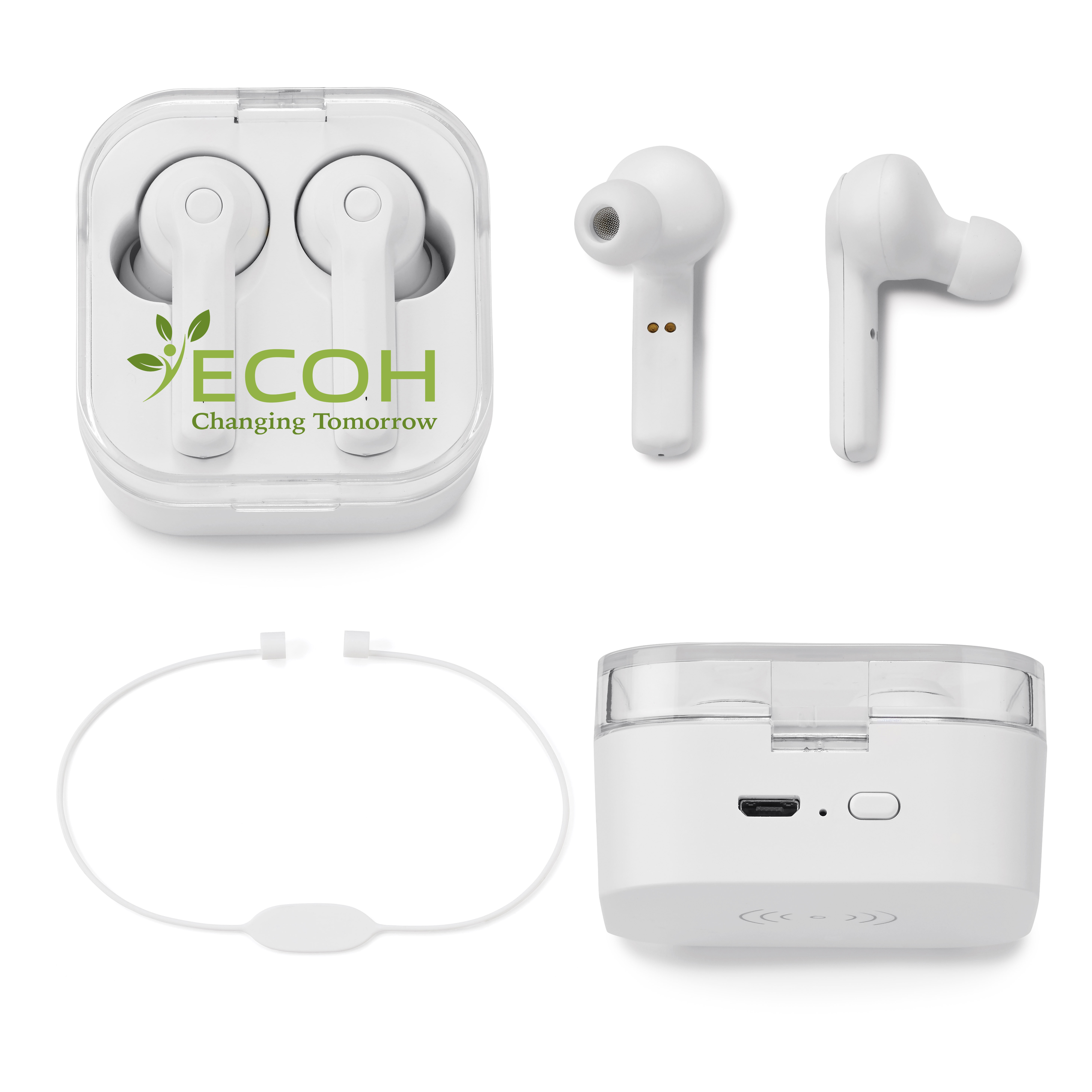 Promotional white ear buds with wireless charger 