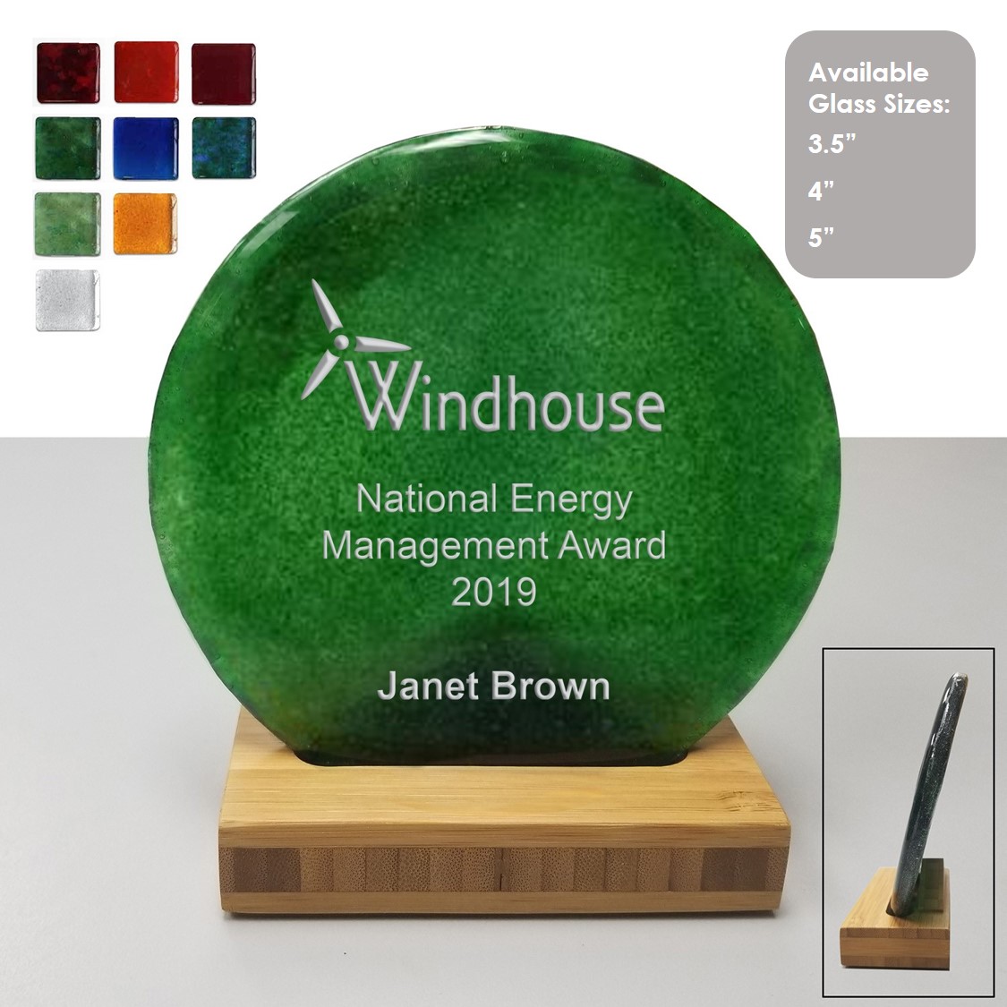 USA made round recycled glass award on bamboo stand 4"
