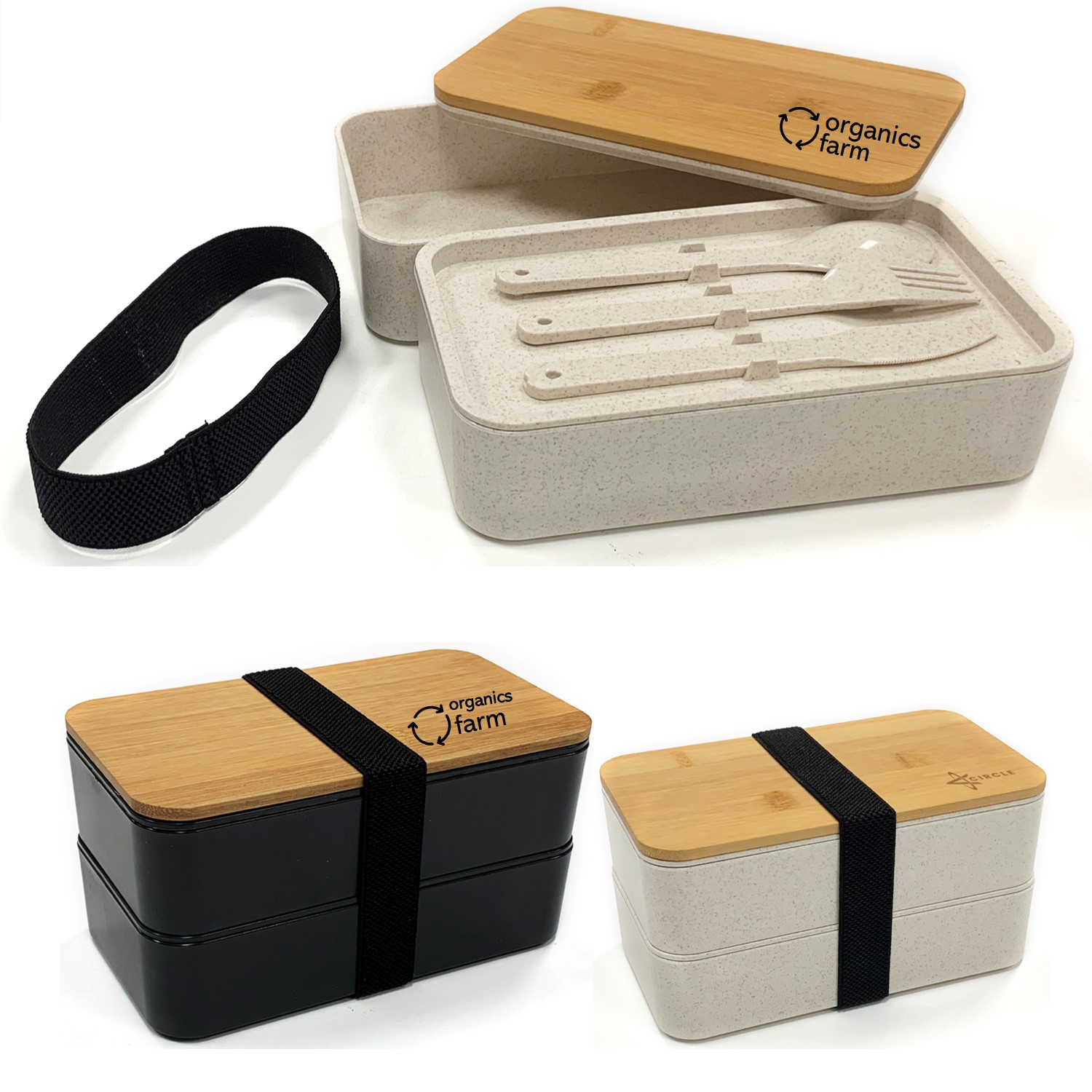 Wheat straw bento box with utensils and bamboo lid