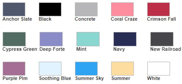 color chart for garment dyed short sleeve ts - USA grown cotton