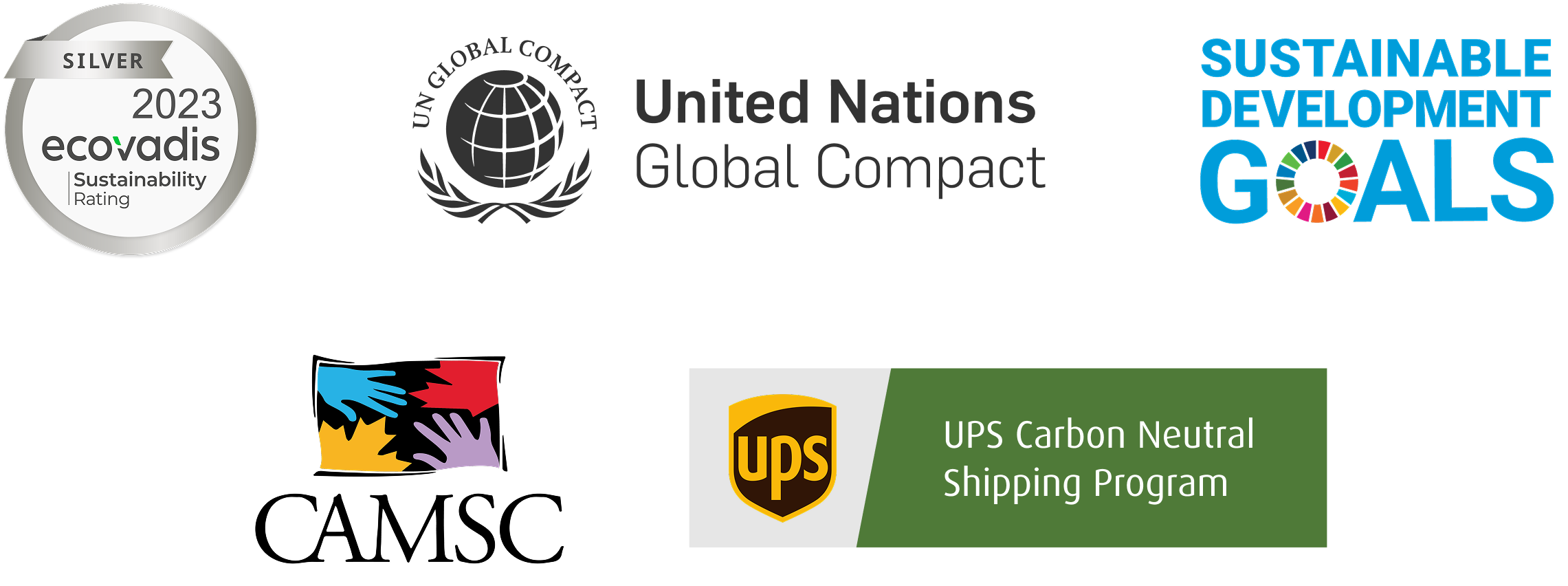 Logos for Ecovadis silver, UN Global Compact, CAMSC, UPS Carbon Neutral Shipping Program, Sustainable Development Goals