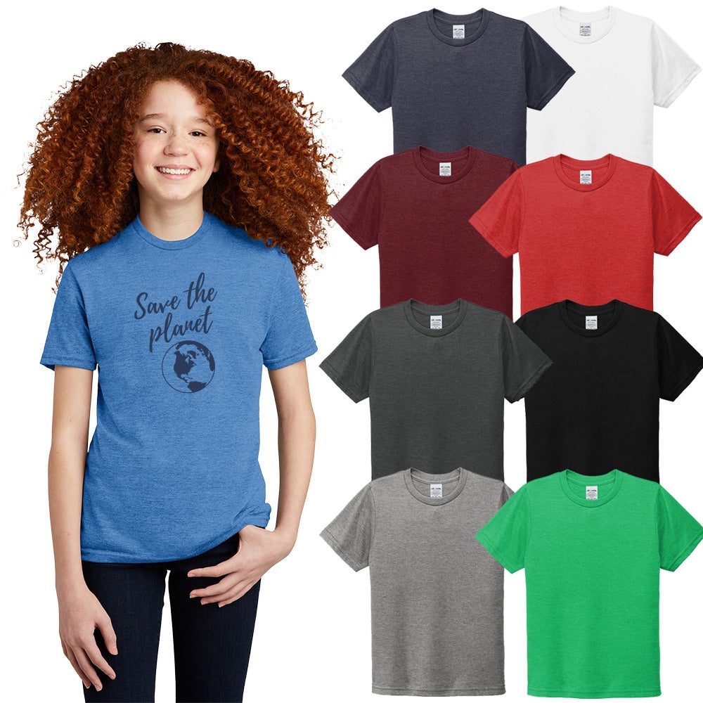 girl wearing blue t-shirt, colored t-shirts